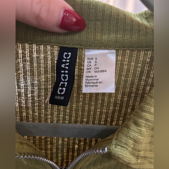 H&M Olive Green Zip Up Ribbed Collar Long Sleeve Shirt - Picture 4 of 6